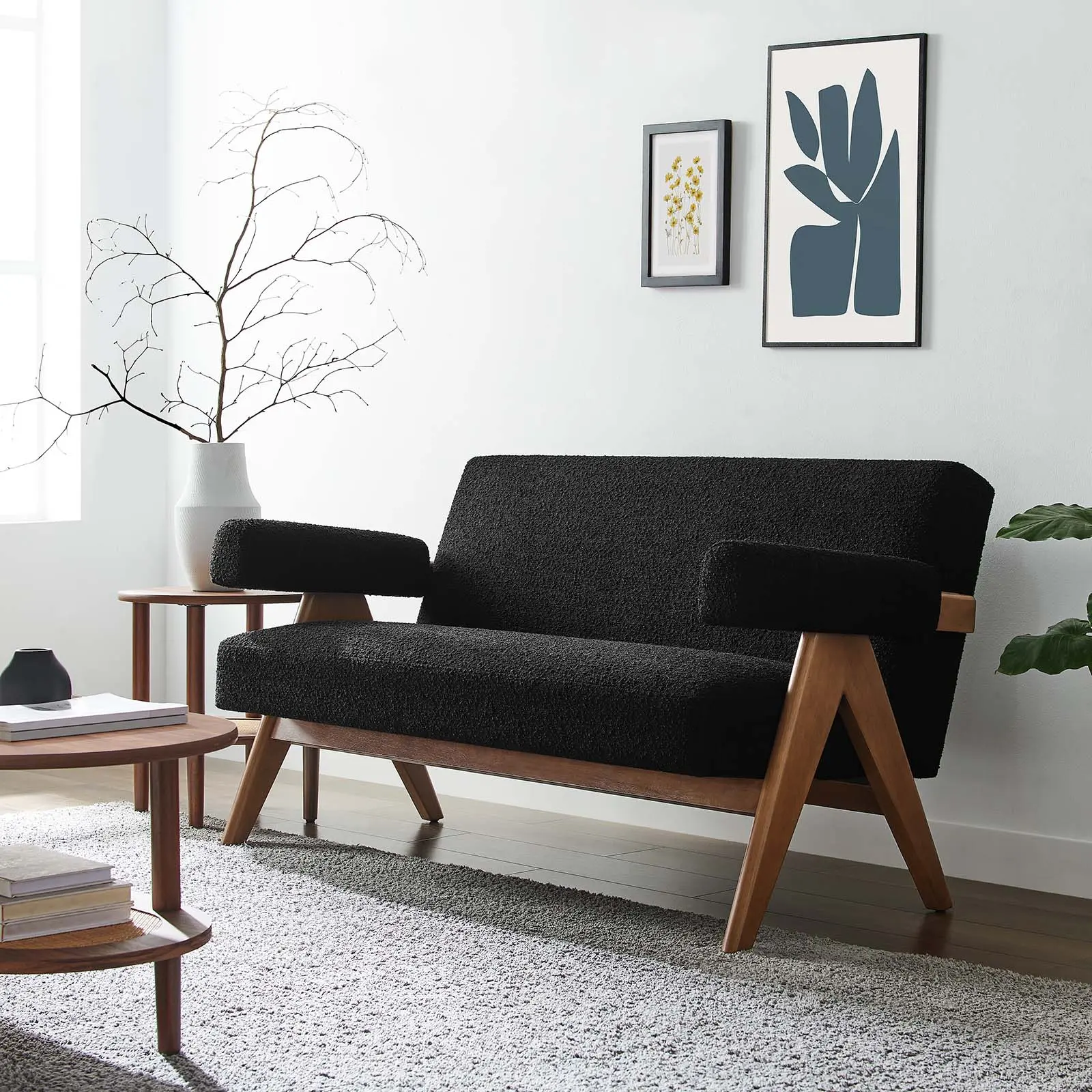 Modway Lyra Boucle Fabric Loveseat in Black Modway Lyra Boucle Fabric Loveseat in Black
