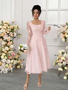 Elegant Long Dress for Women, Plain Mesh Embroidered Fabric, Long Sleeve Slim Fit, All Seasons Fashionable