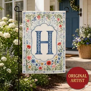 Personalized Crest Garden Flag, floral Preppy Coquette Initial Yard decor, Grandmillennial Decor, Porch Banner, Watercolor Chinoiserie Flag(Pole, Hooks, Or Fasteners Are Not Included)