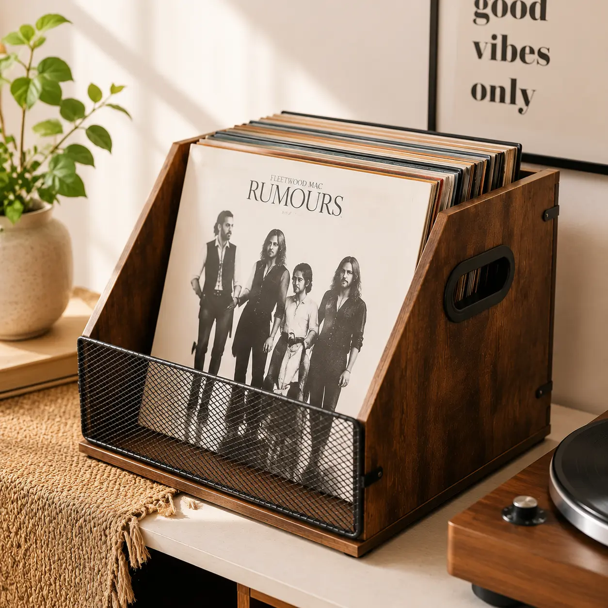 Vintage Vinyl Record Organizer Storage Crate - MDF & Metal Rectangle Box (14.56''x11.61''x11.61''), Slip-Resistant Silicone Accents, 60-LP Rack, 44 lbs Max Load, Durable Space-Saving Home Organizer for Vinyl Lovers, Bedroom Room Accessories (Fits Books),
