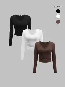 Women's Contrast Lace Bow Decor Ribbed Tee, Classy Elegant Casual Long Sleeve V Neck Basic T-shirt for Spring & Fall, Women's Top for Daily Wear, Women's T-shirts