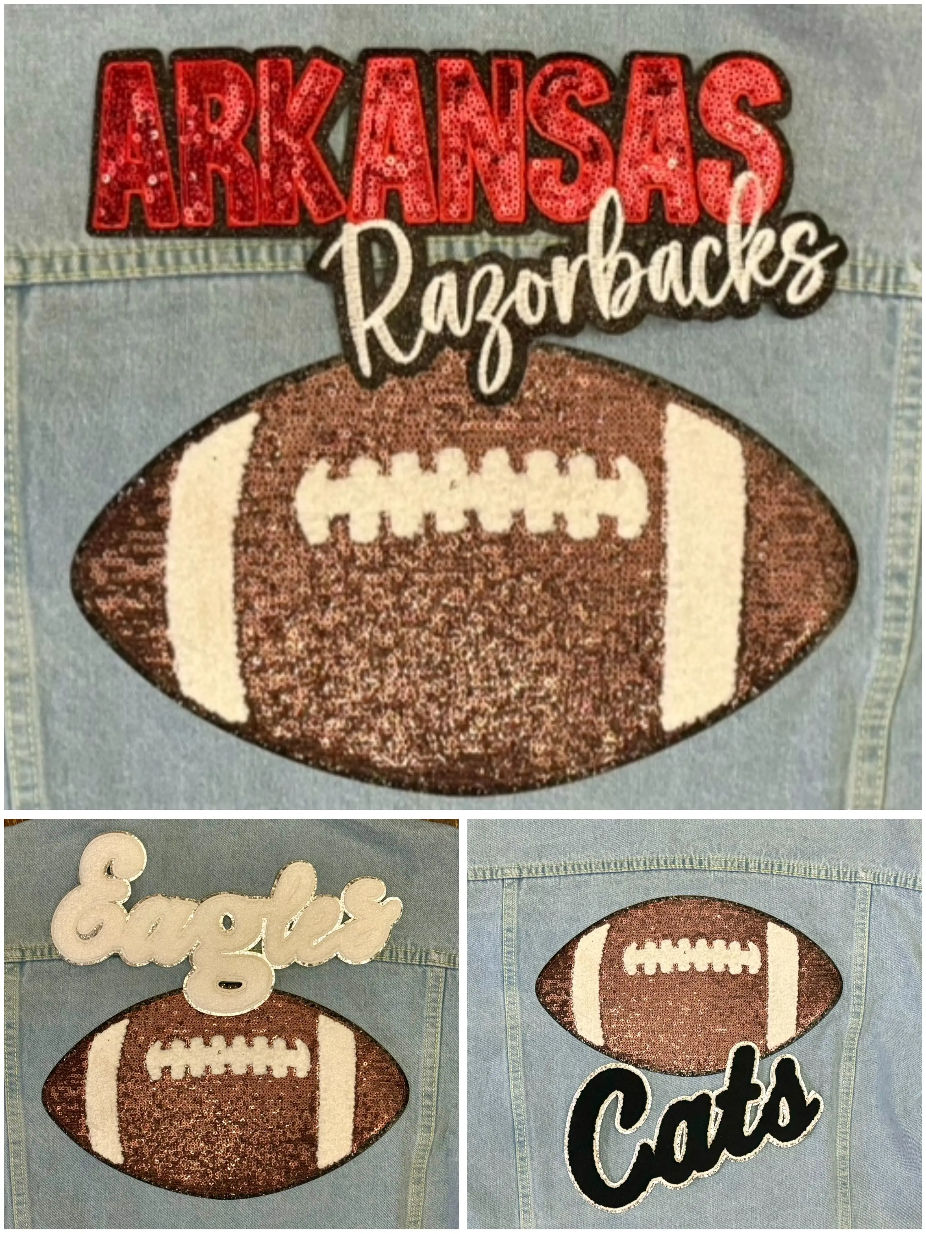 Women's Trucker Denim Coat - Large Sequin Football Patch, Casual Game Day Top for Fans, True-to-Size Fit, Coats, Jacket, Outerwear, Sequins