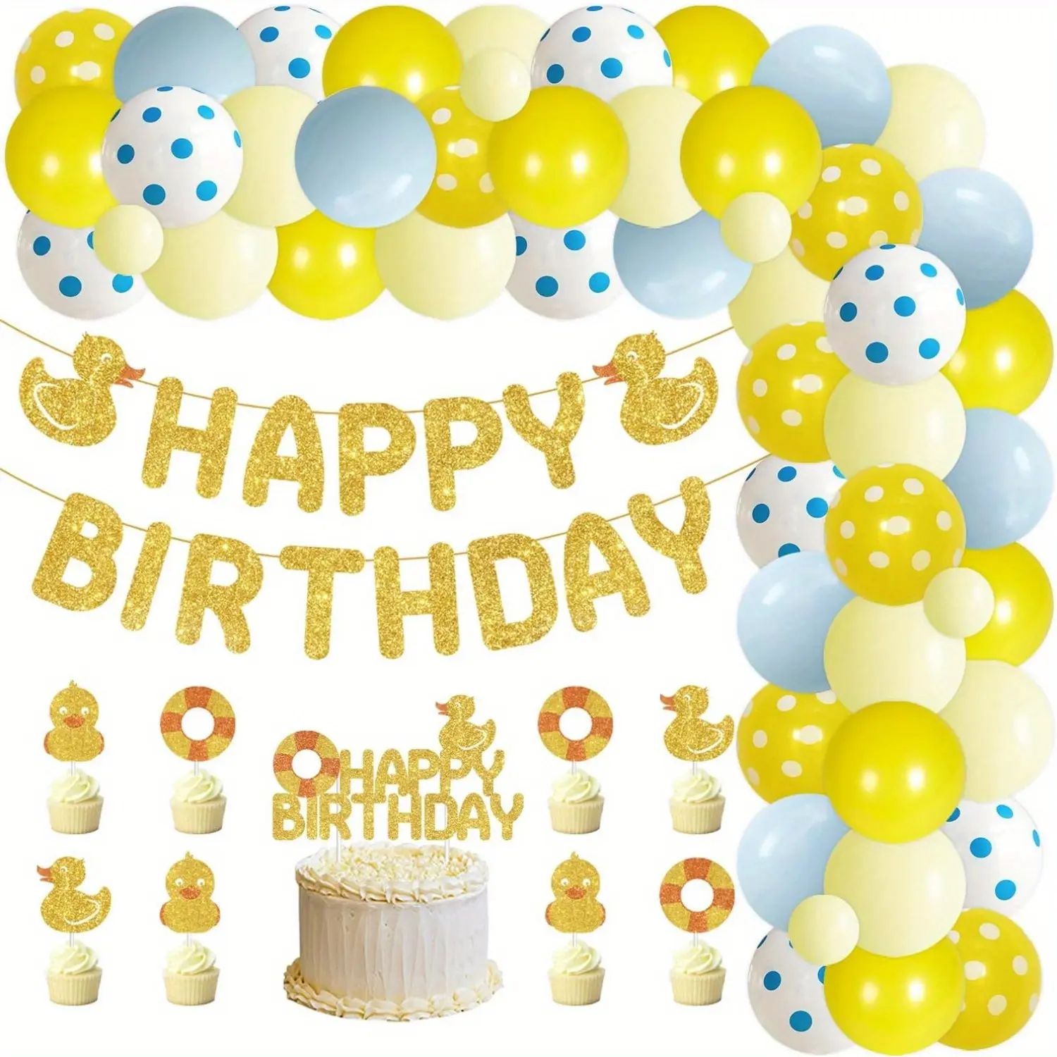 1Set Duck Theme Birthday Party Decorations Duck Blue Yellow Balloons Arch Garland Kit Ducky Happpy Birthday Banner Cake Cupcake Toppers for Birthday Party Decor Supplies
