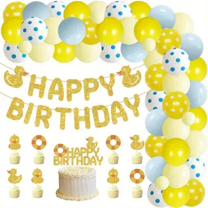 1Set Duck Theme Birthday Party Decorations Duck Blue Yellow Balloons Arch Garland Kit Ducky Happpy Birthday Banner Cake Cupcake Toppers for Birthday Party Decor Supplies