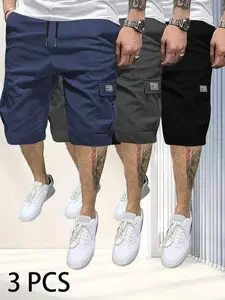 Men’s 3-piece shorts set: navy blue, dark gray, and black, featuring slanted pockets; multifunctional casual wear; 3-piece cargo bottoms for everyday use; men’s cargo shorts.