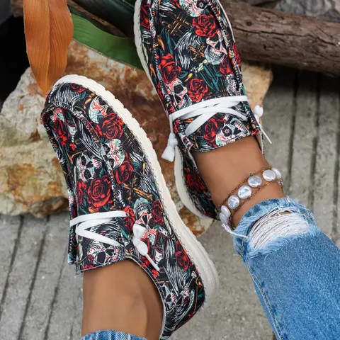 Women's Rose Skull Tie-Dye Loafers Slip On, Autumn New Style Casual Walking Shoes, Halloween Gift Idea, Ghost Skull Design, Home & Outdoor Wear