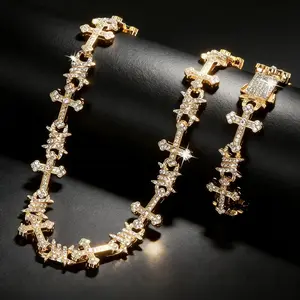 Men's 2PCS Cross Pendant Necklace & Bracelet Set Moissanite 18K Gold Plated Hip Hop Jewelry Non Tarnish Clasp Matching Set for Daily Wear Christmas Wedding Party Gift