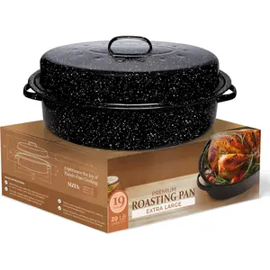 Roasting Pan With Lid, Thanksgiving Turkey Roaster Pan,  20 lb Capacity, 19" Granite Oven Roaster Oval Shaped Speckled Enamel on Steel Cookware