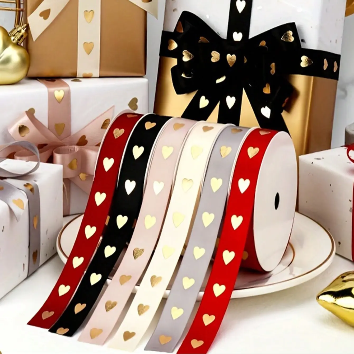 5 Yard Long Gold Heart Ribbon, High-Quality Polyester Material, Perfect for Weddings, Gifts, Cakes, DIY Crafts, Holiday Decorations