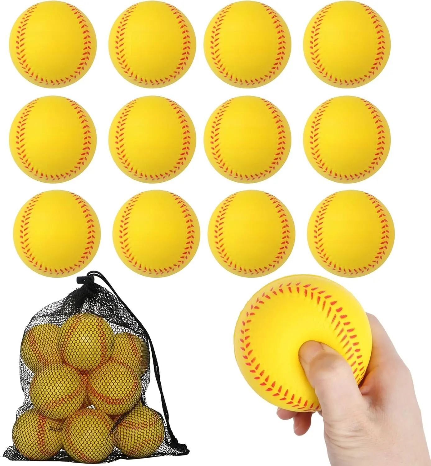 Baseballs 12 Pack Soft Practice Baseballs 9 inch  Balls with Mesh Bag for  Youth Teenager Players Safely  Hitting Squishy Baseball Yellow