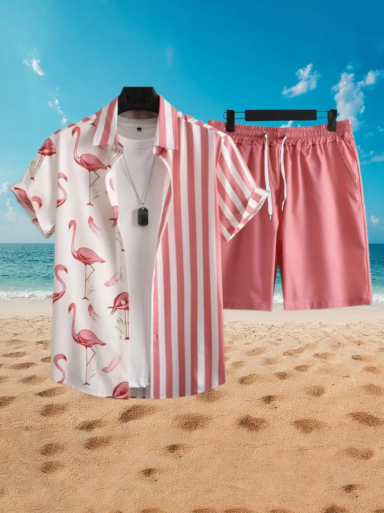 Two-Piece Matching Set Men's All Over Flamingo Print Tropical Striped Shirt & Shorts Set, Casual Short Sleeve Collared Top & Shorts for Summer, Summer Outfits Set, Men's Clothes for Beach Vacation, Casual Clothing Set, Menswear