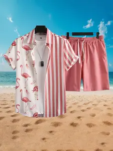 Two-Piece Matching Set Men's All Over Flamingo Print Tropical Striped Shirt & Shorts Set, Casual Short Sleeve Collared Top & Shorts for Summer, Men's Clothes for Beach Vacation