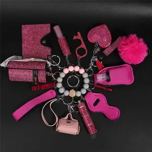 NewDesignHotWholesaleRhinestoneWomenSelf-DefenseAnti-WolfKeychain17pcsSetPompomsAlarmSelfDefense(Rain Shoes)