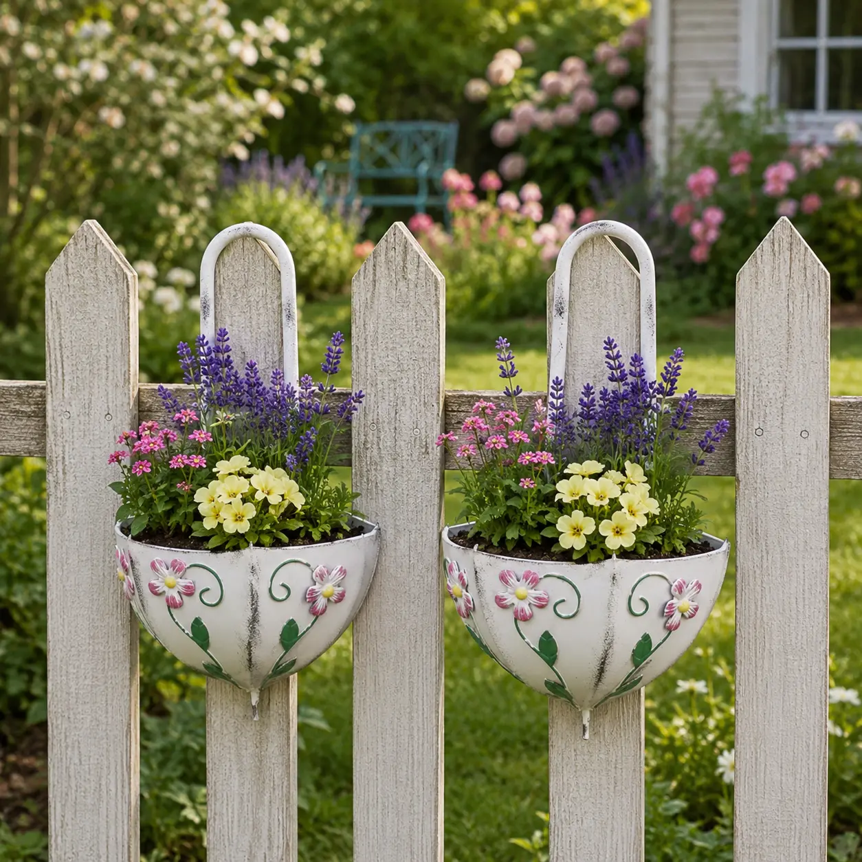 Hanging Umbrella Metal Planters, Set of 2 White Wall-Mounted Flower Pots with Floral Relief, Vintage Outdoor Plant , Fence, Balcony Decoration Umbrella Wall Planter Iron Hanging Flower Pot Decorative Garden Wall Basket Outdoor Patio & Balcony Decor
