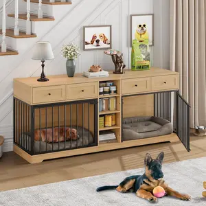 Wooden Double Dog Crate TV Stand 82", Heavy-Duty 2-Dog Indoor Kennel w/ 4 Drawers & Open Shelves