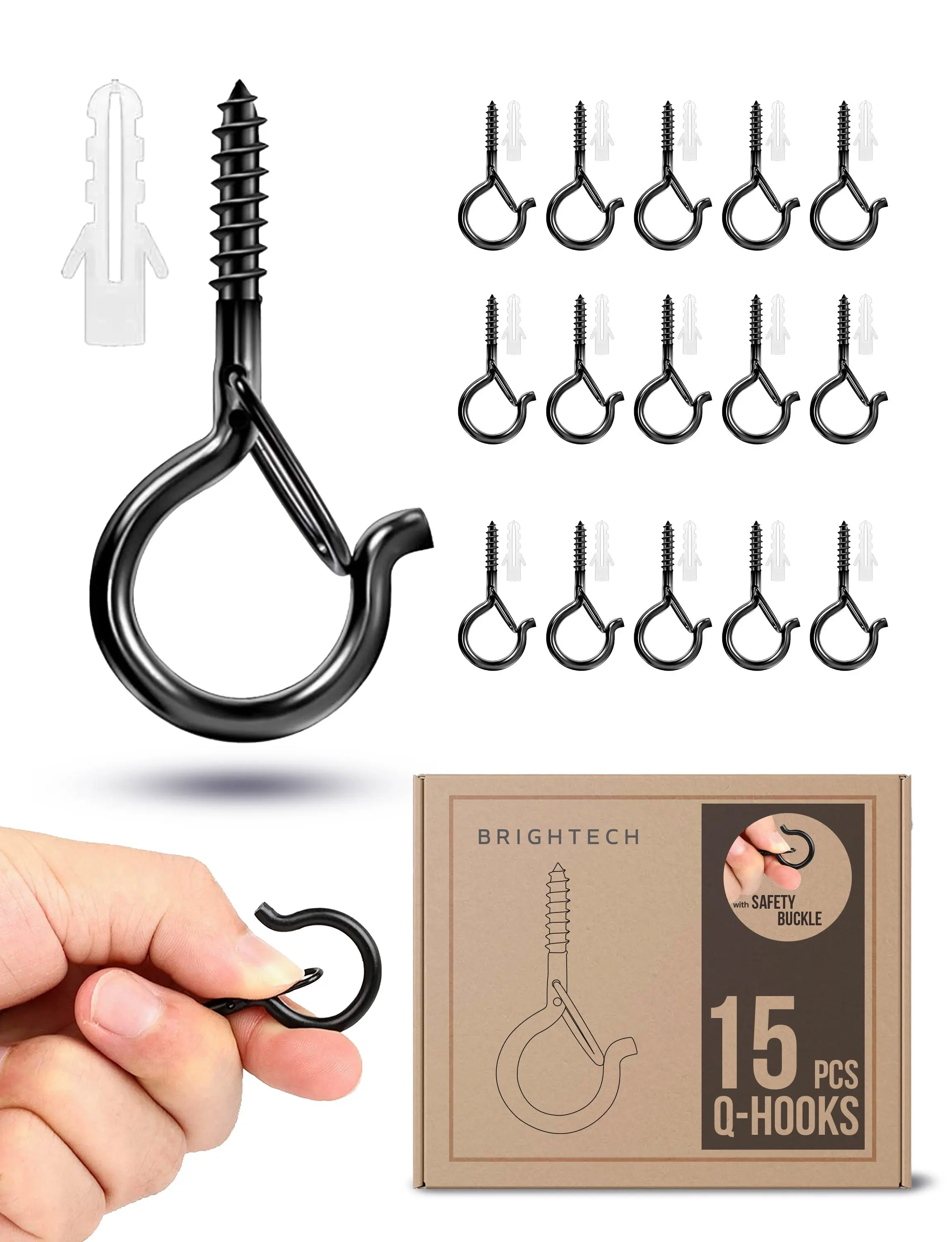 Brightech Q Steel Rust-Proof Coating Anchor Screw Hooks with Safety Buckle - 15/32 Pcs Easy-to-Install Patio Ceiling Hooks, Durable Threading for Outdoor Plug-In String Lights, Home Improvement Accessory