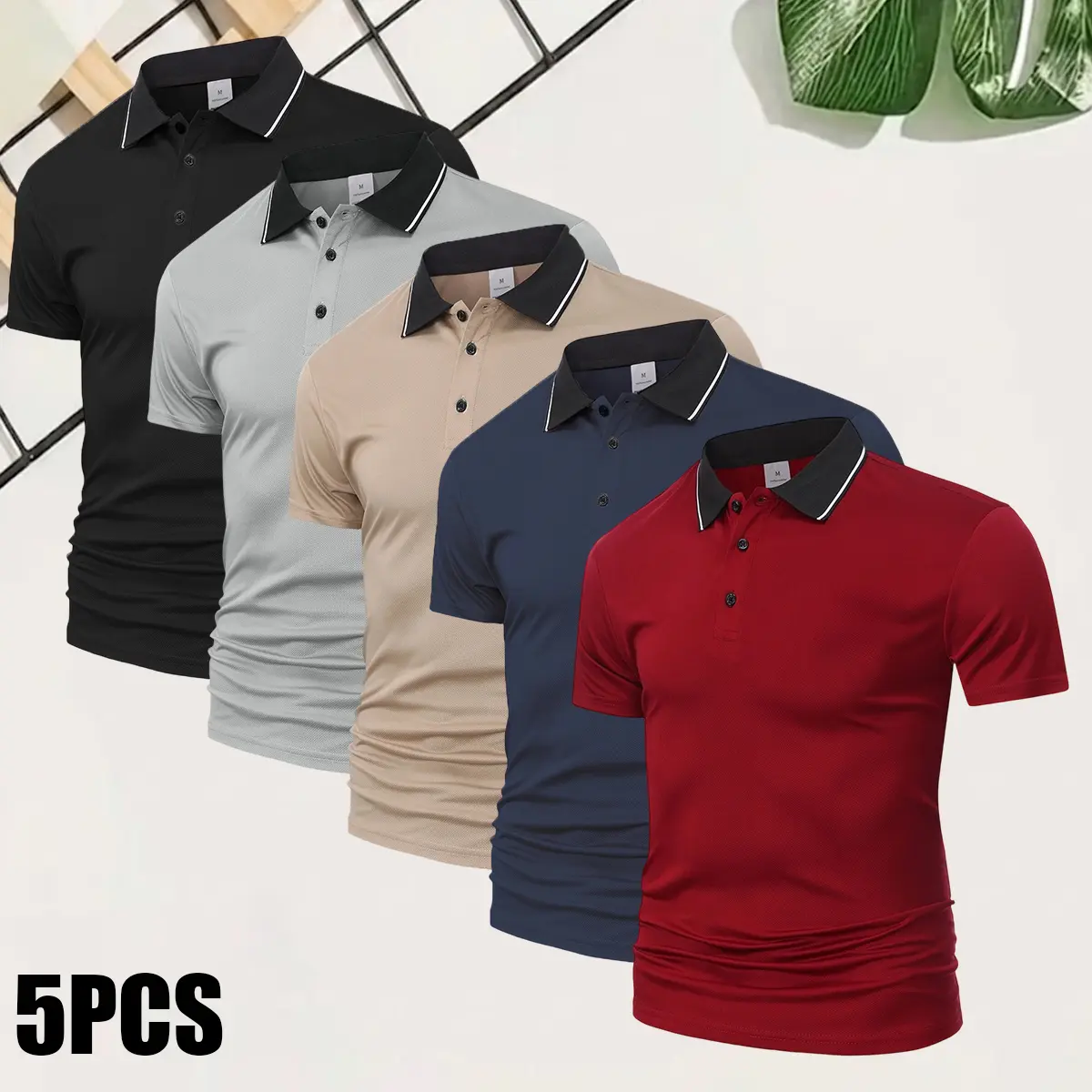 Solid-color polo shirt with a turn-down collar, 5-piece mixed pack. Breathable, quick-drying golf casual shirt with lightweight, stretchy polyester and button design. Suitable for summer office wear, boat outings, and everyday outfits. Comfortable short-s