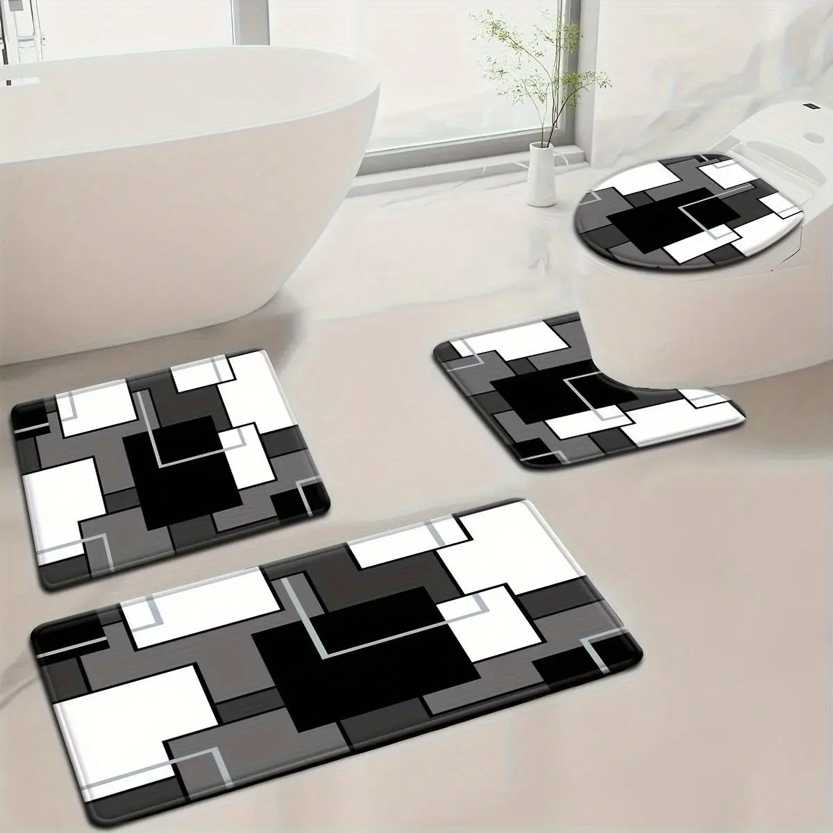 3/4pcs Stylish Minimalist Gray Geometric Pattern Bathroom Mat Set - Toilet Lid Cover and U-Shaped Bath Mat Decor