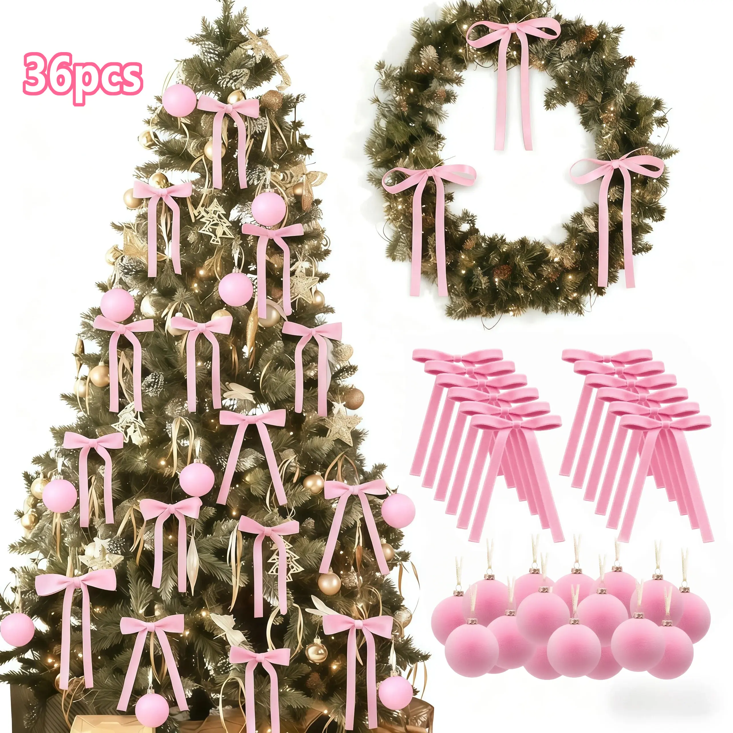 36-Piece Vintage Velvet Bow Ornaments Set (5x7 in, Pink) - Christmas Tree Garland, Wreath DIY Craft Supply for Christmas Occasion Home Decor
