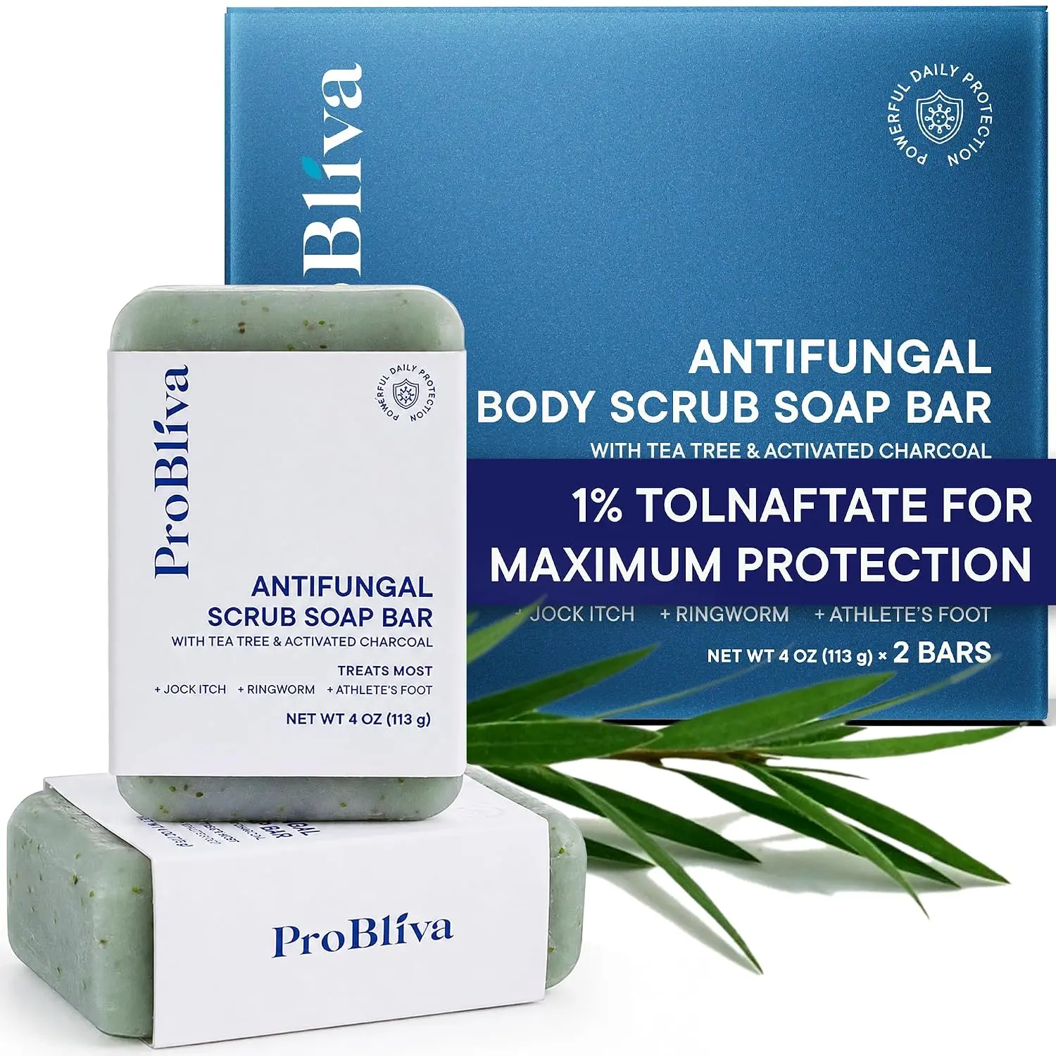 ProBliva Antifungal Exfoliating Scrub Soap Bar with Tea Tree Oil & Charcoal - For Ringworm, Jock Itch, Athlete’s Ft - Antibacterial Body Soap for Men & Women (2 Bars)