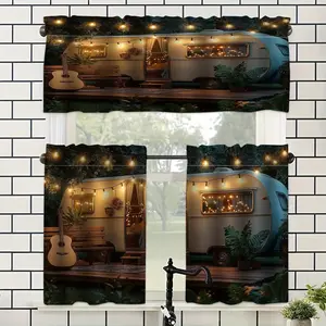 JOYFINITY 1pc/2pcs Camp-Themed Window Curtains - Vintage Camper Van & Forest Print Semi-Sheer Polyester Curtains with String Lights Design, Modern Rustic Decor for Kitchen, Living Room, Bedroom - Easy Care Cordless Window Treatments for Cozy Ambiance