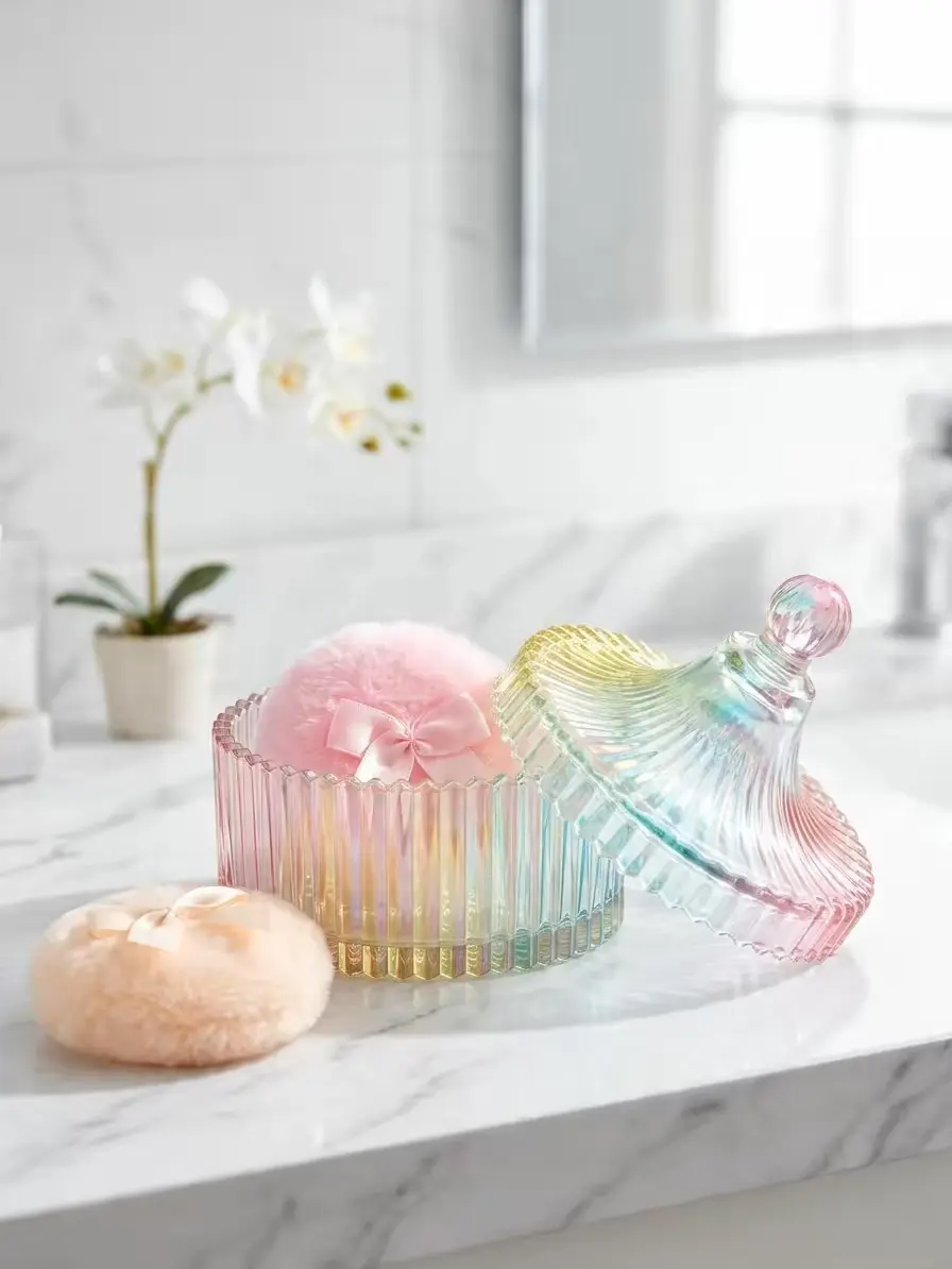 Tioncy 3-Pcs Large Velvet Soft Washable Makeup Puffs & 3.54in Diameter Crystal Glass Jewelry Storage Box Set - Cosmetics Makeup Tool for Wet-Dry Use, Even Cover, Dust-Free Storage, Mother's Day Gift