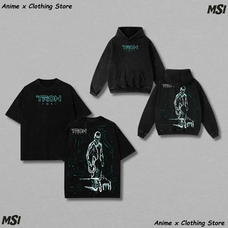 A cyber-style Hoodie & Tee inspired by TRON LEGACY, featuring a glowing grid warrior with iconic disc and Lightcycle s57