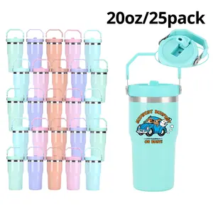 Crafix 25-Pack 20oz Glossy Flip-Top Sublimation-Ready Stainless Steel Vacuum Insulated Tumbler Mug with Handle, Straw, Portable Travel Drinkware (USA Warehouse)