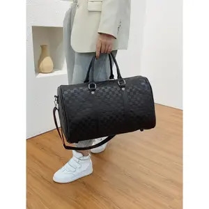 Fashion Checkerboard Pattern PU Leather Zipper Travel Bag, Travel Duffel Bag, Large Capacity Luggage for Women & Men, Casual Sports Fitness Bag for Travel & Business(Sheets)