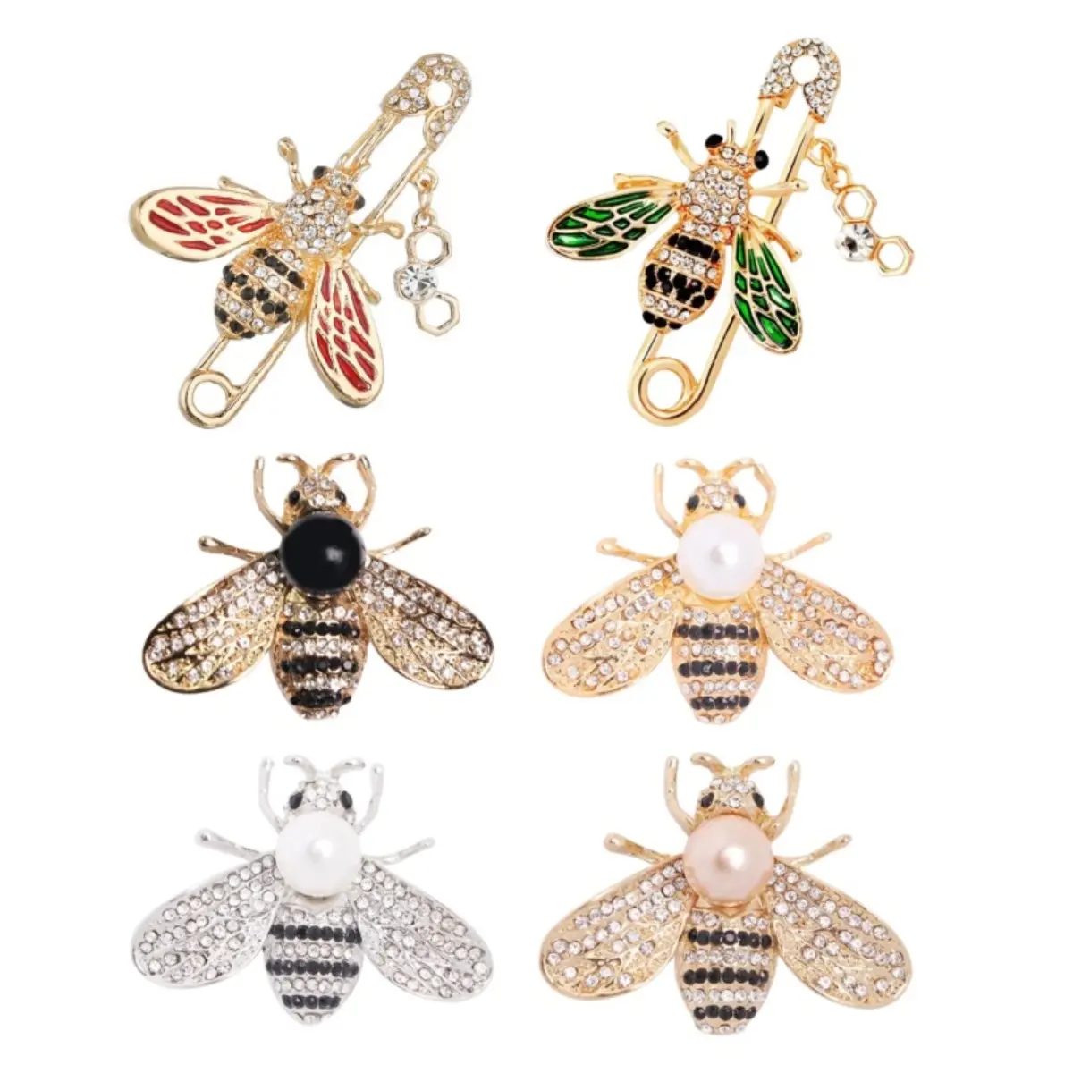 Women's 6-Pcs High-Alloy Bee Shape Rhinestone-Crystals Brooch Set, Pearl-Inlaid Safety Pin Sewing Supply, Glamorous Sparkling Look Birthday Gift for Females