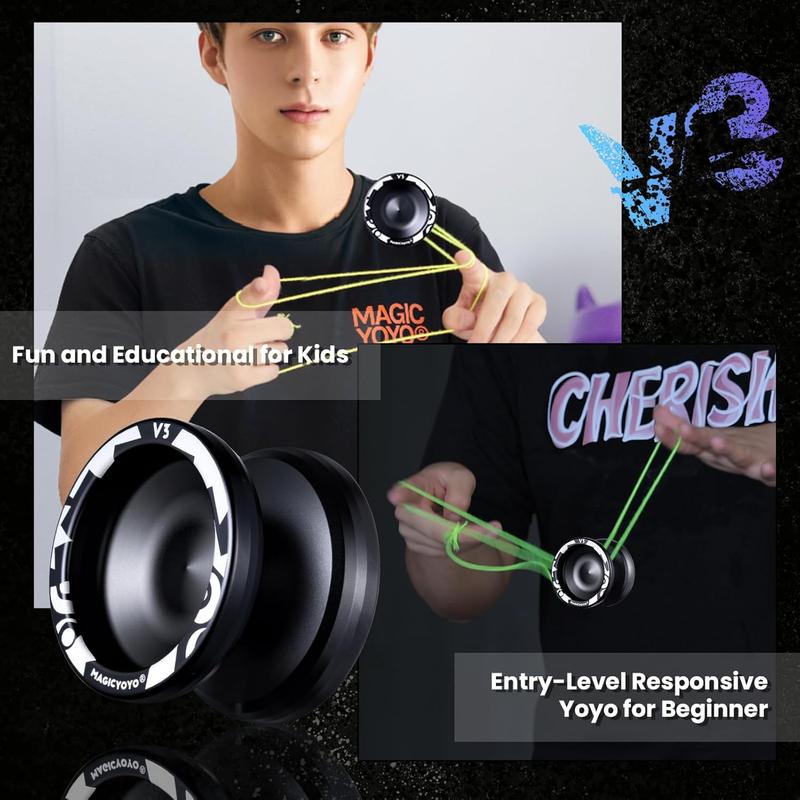 V3 Professional Responsive Yoyo for Kids 8-12 and Adults, Dual Function with 12 Strings, KK Bearing, Bearing Puller, Axle, Case - Black