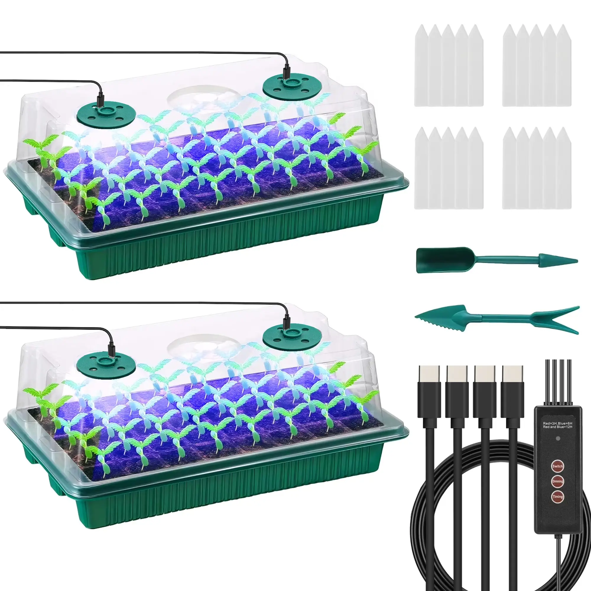 80 Cell Seedling Tray Kit, 2 Counts Seed Starting Tray with Grow Light & Controller & Humidity Dome, Indoor Plant Starter Tray Kit, Pot, Plant Growing Set, Planting Trays