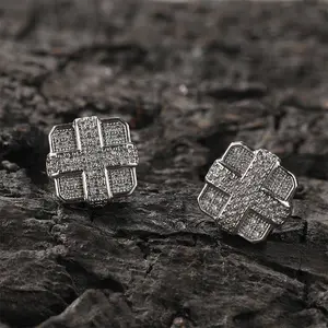 Unique Hip-Hop Style Square  Hexagonal Cross Earrings With Cubic Zirconia Diamond Design Mens Cross Earrings Silver and Gold Plated Copper Stud Earrings