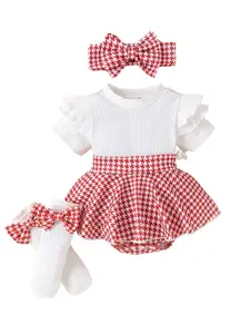 Baby Girl 1-18 Months Romper Set with Bow Headband and Leg Warmers, Ribbed Ruffle Sleeve Onesie Outfit, Red and White Cute Summer Spring Newborn Infant Clothing for Daily Wear, Photo Shoot, Birthday, Newborn Outfits Set