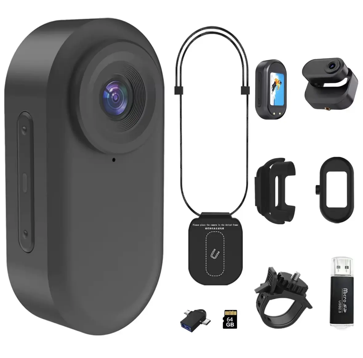 Waterproof Magnetic Mini Body Action Camera, Included 128GB, Hands Free, Wearable 2.7k HD Thumb Camera with Magnetic Clip and Necklace Mount for Lecture, Traveling, Pet Walking and Outdoors Activities- Black