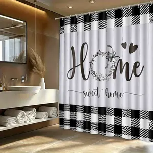 Home Sweet Home Wreath Buffalo Plaid Shower Curtain, Cozy Farmhouse Check, Cute Rustic Bathroom Decor for Fall, Christmas & Daily Use