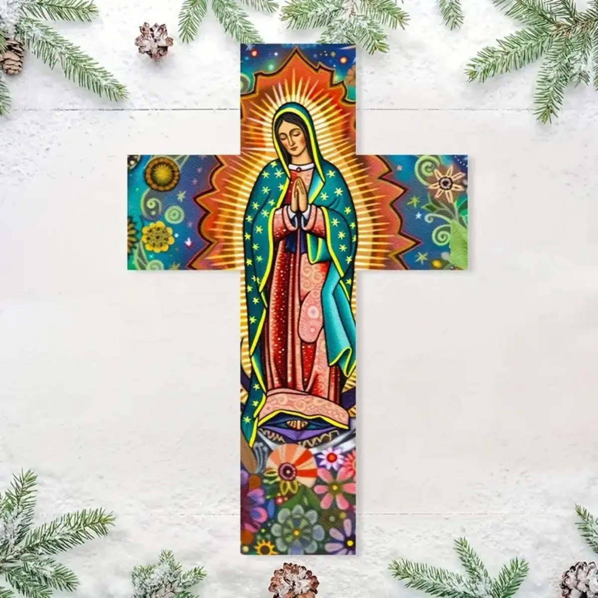 Virgin Mary Pattern Wooden Cross, Religious Cross Print, 1 Count Colorful Wall Decoration, Home Decoration Plaque, Bedroom Decoration, Room Decoration, Gift for Mom, Religious, Wooden Cross Decorations