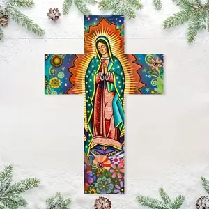 Virgin Mary Pattern Wooden Cross, Religious Cross Print, 1 Count Colorful Wall Decoration, Home Decoration Plaque, Bedroom Decoration, Room Decoration, Gift for Mom, Religious