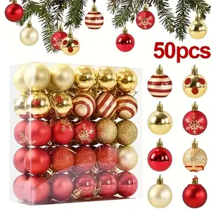 50 Christmas ball decoration gift box, 4CM Christmas tree decoration pendant, Ornaments, hand-painted snowflakes, circles and dots, durable plastic, suitable for weddings, Christmas wreaths, Christmas trees, indoor, outdoor, happy Christmas