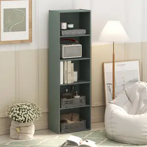 LUDER 5-Cube Open Shelf Bookshelf Book Rack, 9.4x15.8x52 in Modern Corner Unit, for Living Room, Home Office, Sage Green