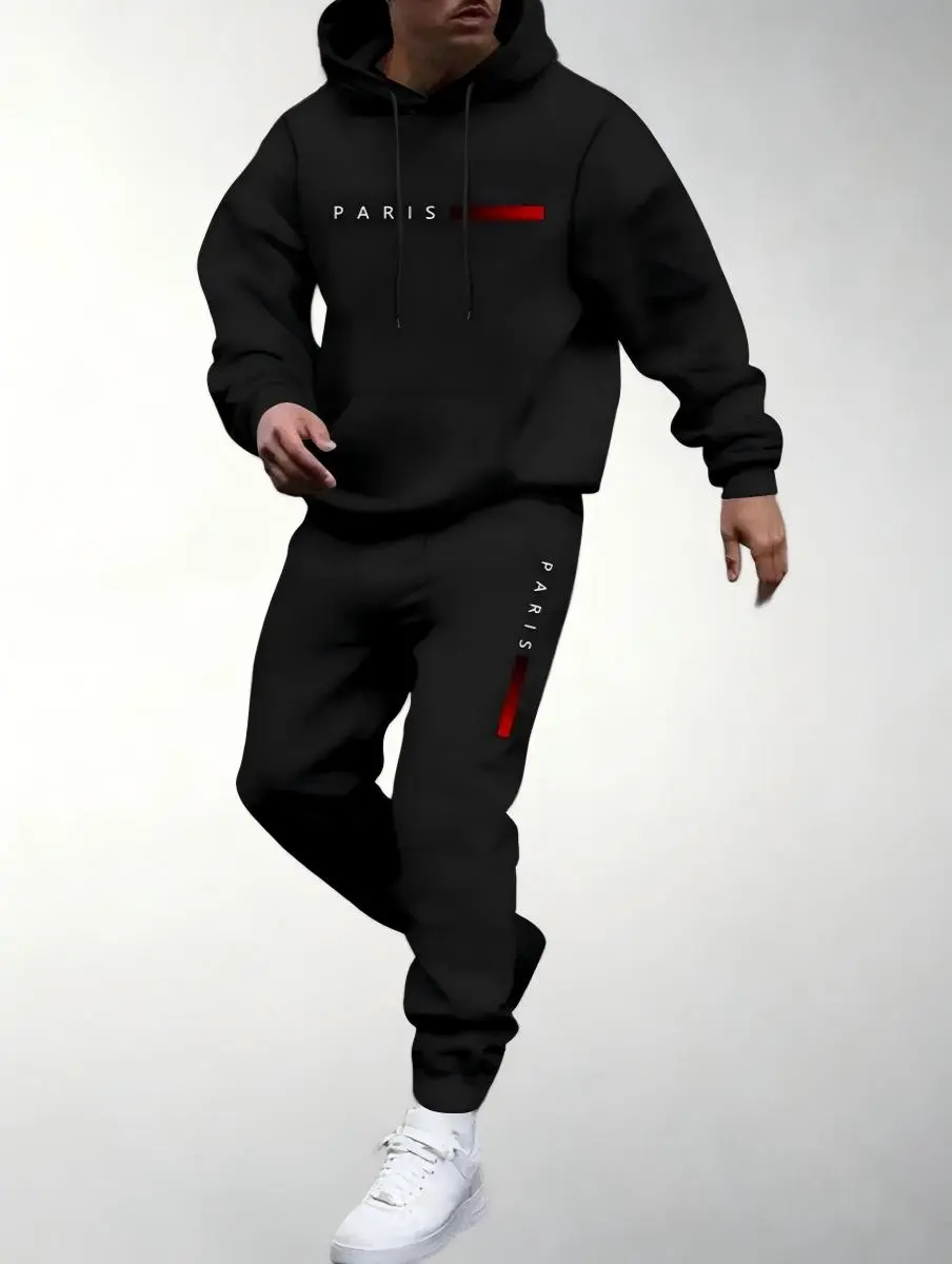 Men's 2-Piece Tracksuit, Casual Paris Letter Print Polyester Hoodie and Sweatpants Set, Long Sleeve Athletic Activewear, Sport, Fabric
