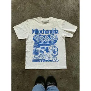 Mitochondria Graphic Tee Stylish White T-Shirt with Blue Text and Detailed Illustration of Cellular Structures and DNA Ideal for Science Fans and Casual Outfits