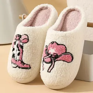 Preppy Aesthetic Pink Coquette Bow Cowboy Cozy Slippers