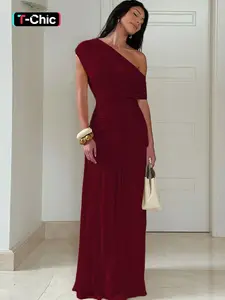 Women's Solid Color Ruched Dress, Elegant Dress Evening Party Gown, Ladies Summer Clothes, Asymmetrical Ruched Dress