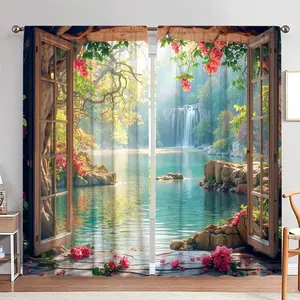Garden Pattern Door Curtain, 1 Set Landscape Print Door Curtain, Home Decor for Living Room Bedroom, Room Divider Curtain