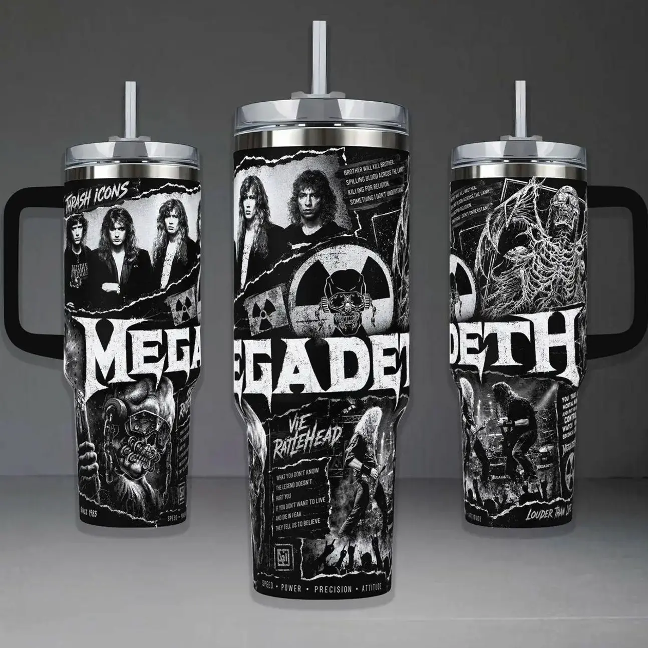 Megadeth Vic Rattlehead Tumbler Cup, Black White Thrash Metal Band Full Wrap Stainless Steel Insulated Tumbler 20oz/40oz With Straw Lid Included, 40oz Handle Option
