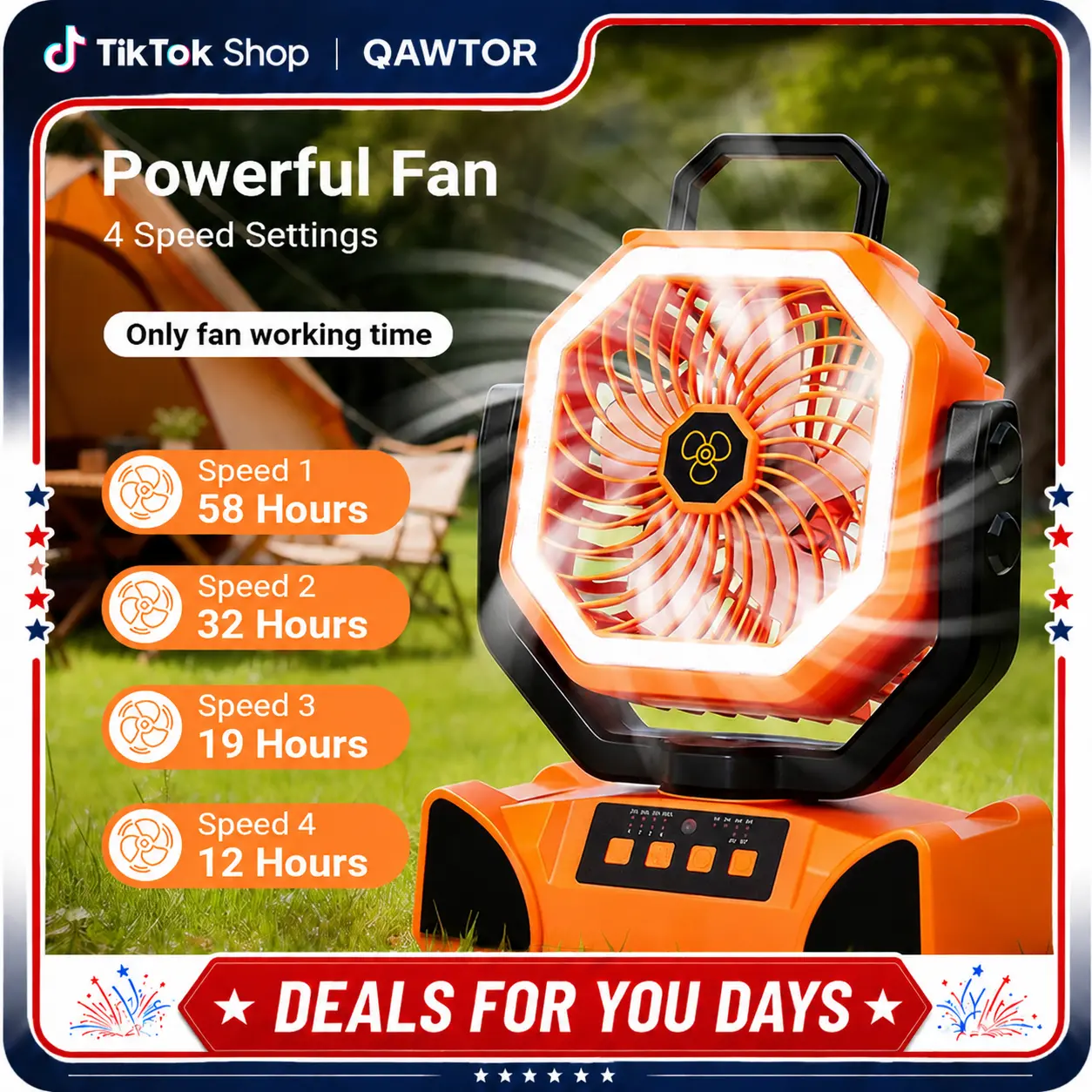 Qawtor 2026 Upgraded Outdoor Camping Fan – 18,000mAh Rechargeable, LED Light, 360° Rotating Hook, Lightweight & Portable for Camping Adventures,DealsforYouDays ,SummerWims
