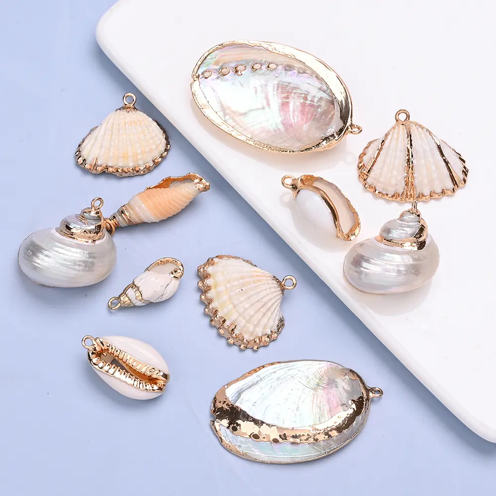 Natural Shell Pendant Gold Plated Laser Electroplated Sea Shell Charm for DIY Necklace Earring Wind Chime Keychain Jewelry Making Supplies 10-30mm