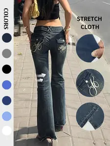 Women's Embroidered Button Pocket Flare Pants, Elegant Daily Wear, Fashionable All-Season Bottoms, Slim-Fitting Y2K Style Jean
