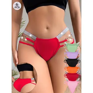 6-piece set of women's sexy bikini panties, mixed color heart chains, hollow design, shiny waistband, elegant and luxurious thong, suitable for romantic dates, parties, and everyday wear, women's panties and underwear